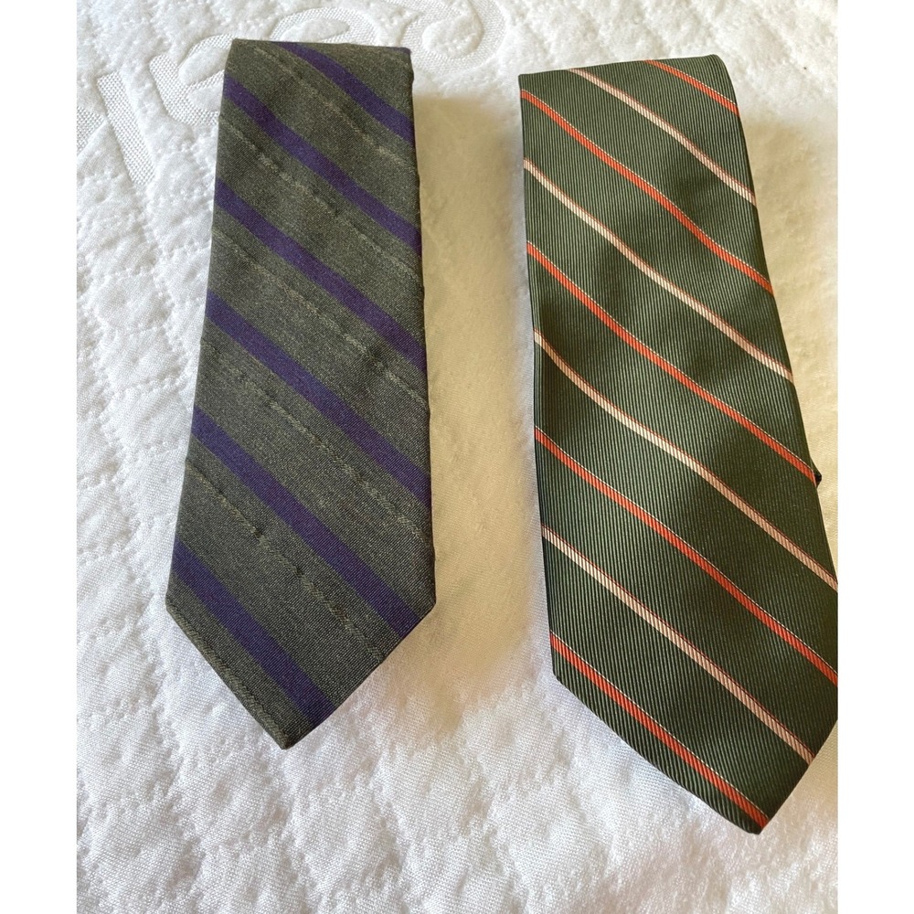 Vintage Brooks Brothers Mens Tie 2 PC Lot Necktie Green Striped Silk Wool Blend